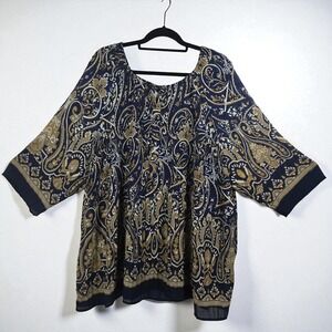 Catherines Women's Paisley Print Pleated Top 3X 26/28W Navy Gold Brown Blouse